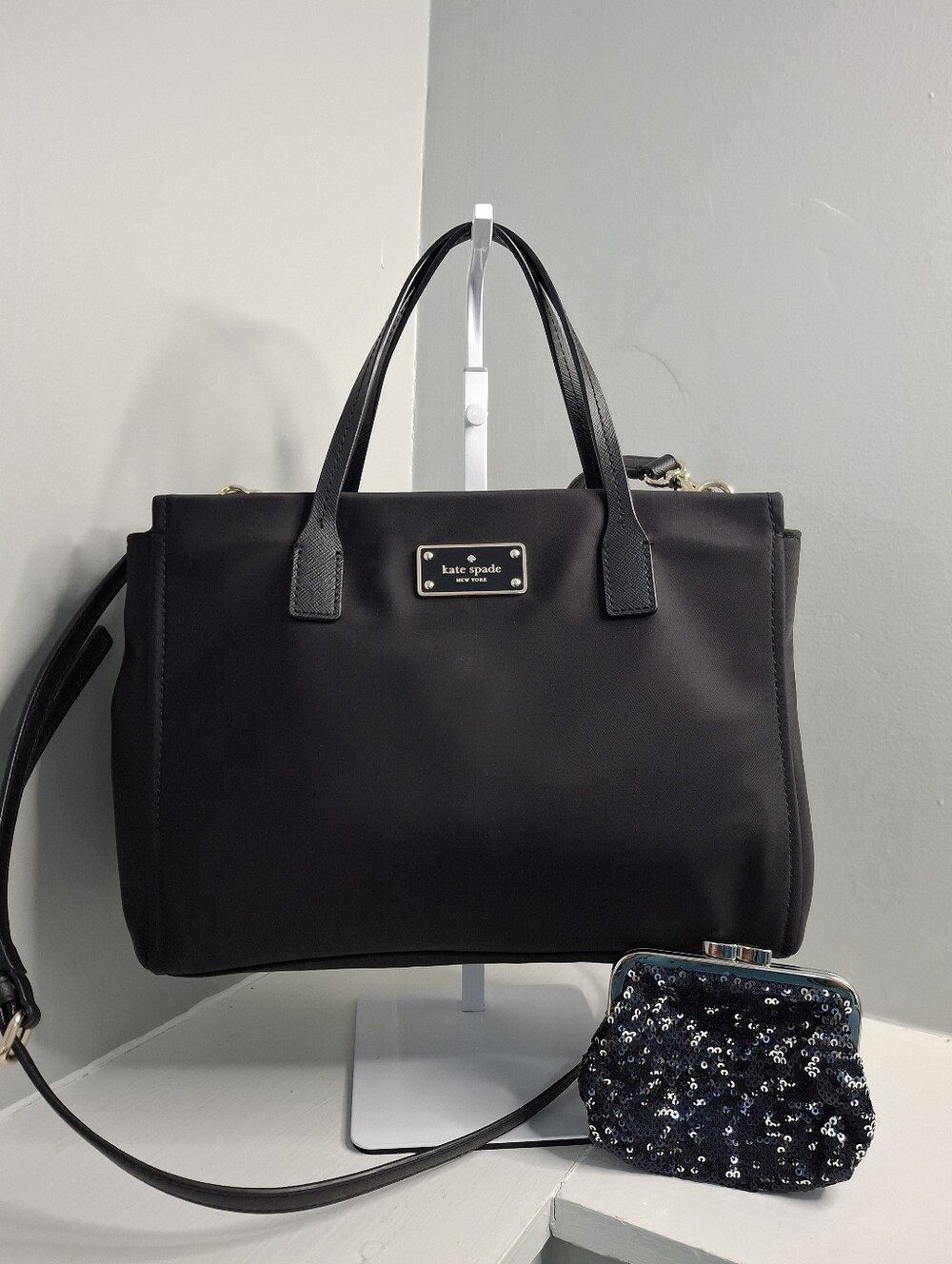 Kate Spade Black Nylon Crossbody Satchel Tote Bag + Sequin Coin Purse NWOT